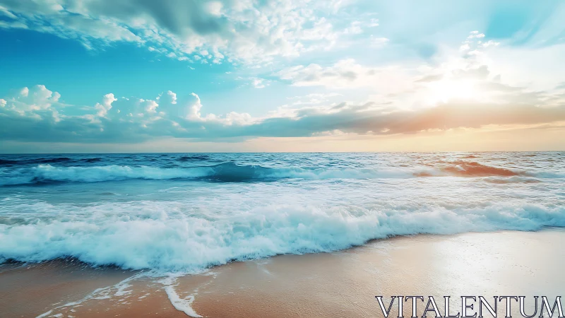 Coastal shoreline with breaking waves under morning light.