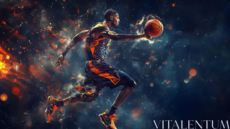 Explosive digital basketball dunk ignites cosmic energy
