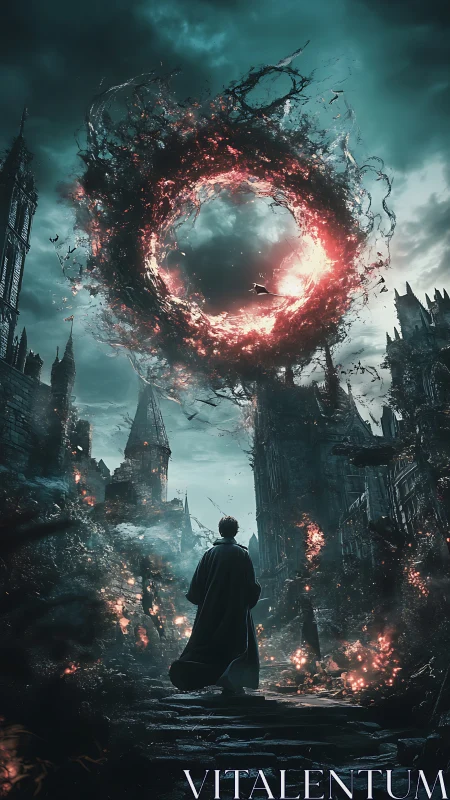 Lone figure observes burning vortex above ruined city street