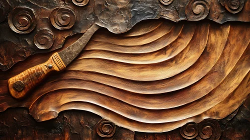 Curved carving knife on layered abstract wooden relief