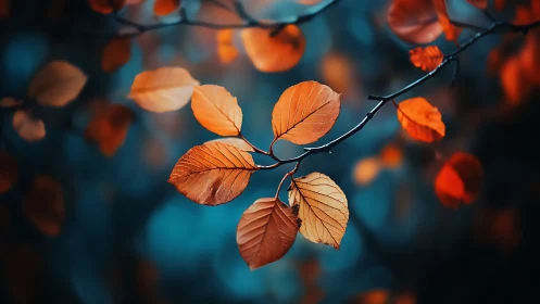 Autumn Leaves on Branch with Moody Blue Bokeh Background.