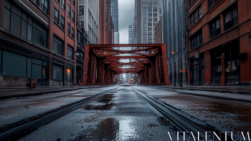 Quiet red bridge in a rain-soaked downtown canyon street.