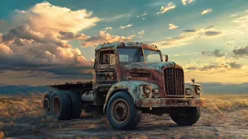 Rusty desert truck rests under dramatic sunset clouds