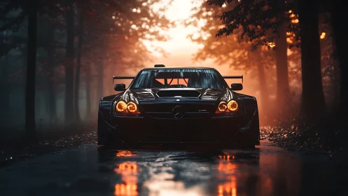 Night racer glows through misty forest road at sunset