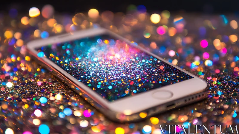 Sparkling smartphone glowing with colorful digital magic.