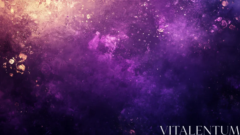 Cosmic purple nebula glows with golden textured sparks.