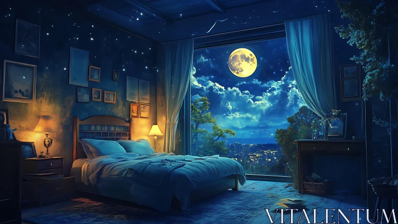 Moonlit bedroom interior with city view at night time.