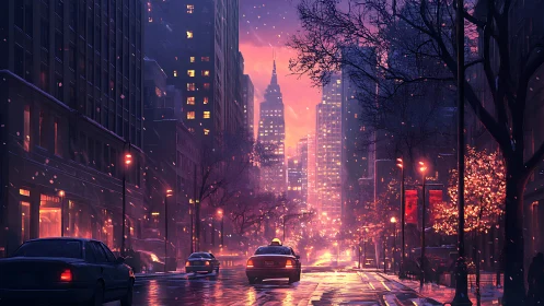 Winter city avenue with traffic under pink evening sky.