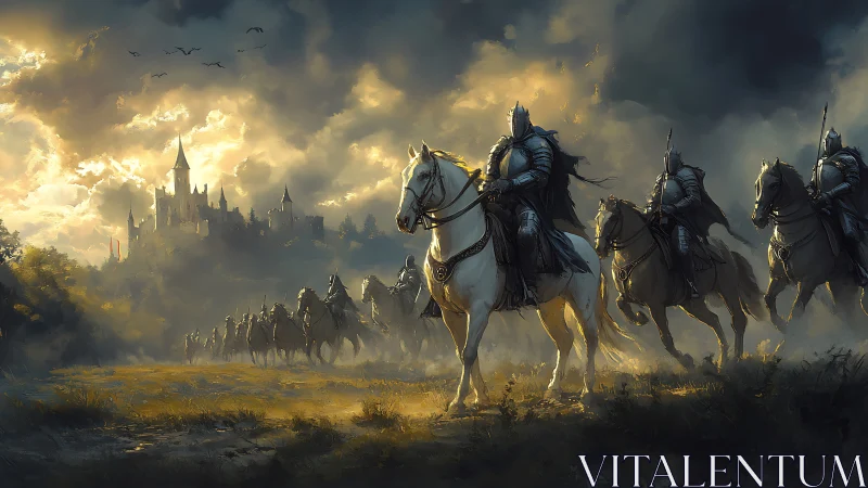 Armored knights on horseback approach stormlit castle ramparts.
