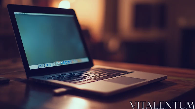 Open laptop on wooden desk under shallow depth-of-field bokeh light
