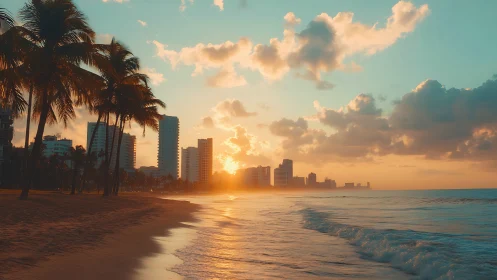 Sunlit towers and lazy palms along a peachy shoreline.