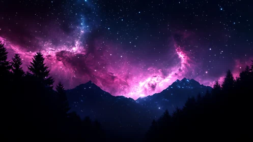 Nebular magenta sky arches over silhouetted conifer ridgeline at night