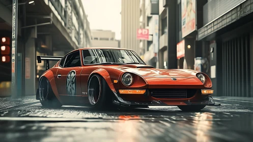 Modified orange classic sports car on wet city street.