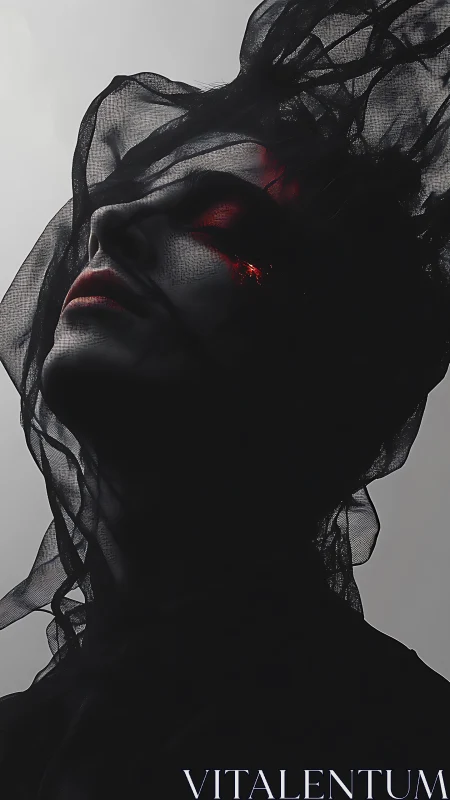 Shrouded human profile is partially obscured by black mesh