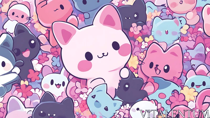 Kawaii Felidae Character Array with Vibrant Chromatography and Dimensional Rendering