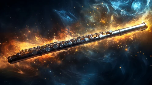 Silver flute drifts through swirling cosmic nebulae in space.