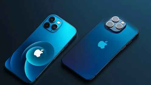 Two iPhones with triple-lens camera systems displayed on blue gradient surface.