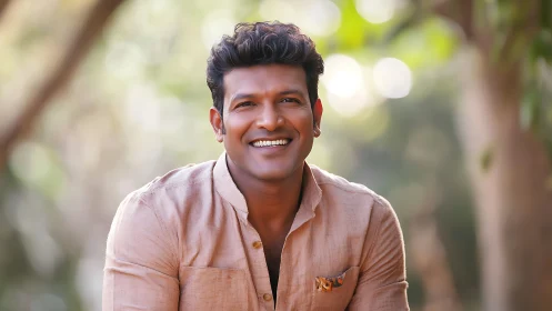 Smiling man in soft sunlight with natural bokeh background.