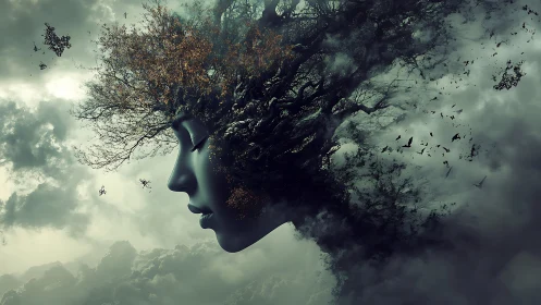 Surreal forest spirit portrait merging with storm clouds.