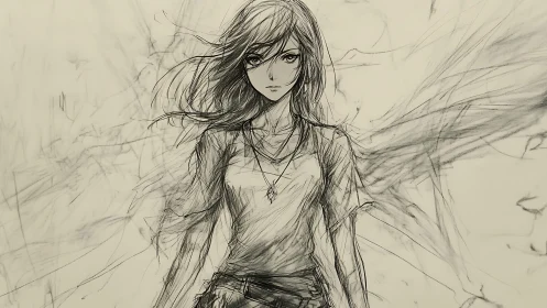 Strong anime girl sketch with dynamic pencil strokes.