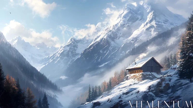 Snowy alpine cabin overlooks vast sunlit mountain valley