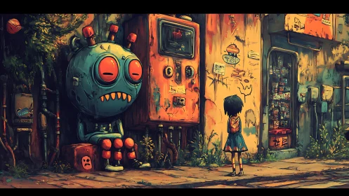 Melancholic street robot and child in distressed urban alleyway.