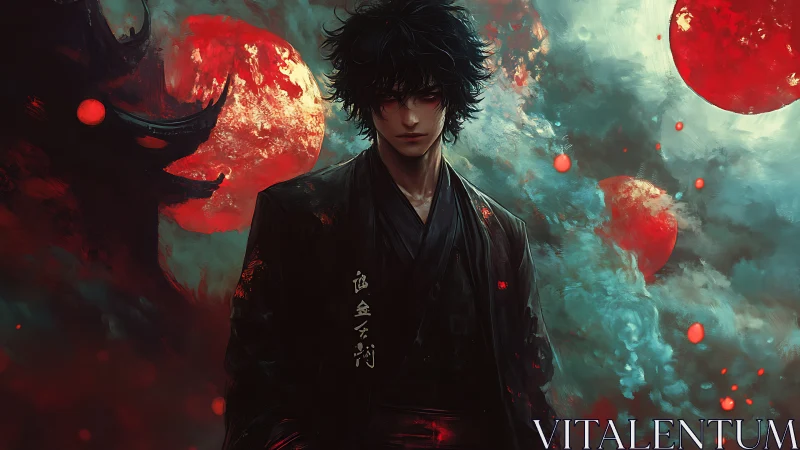 Dark anime warrior under red moons in stormy sky.