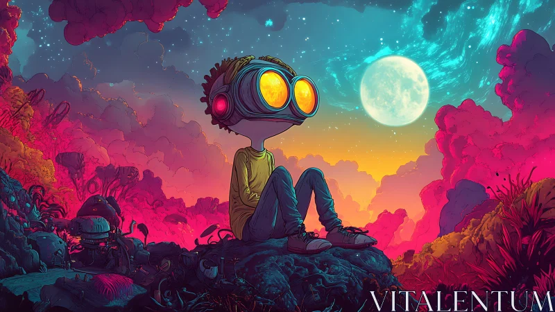 Surreal neon moonwatcher illustration with chromatic depth.