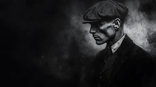 Monochrome side-profile portrait of man in flat cap