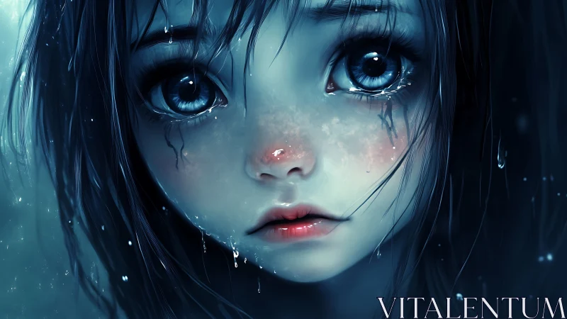 Close frontal view shows wet blue-tinted stylized girl face