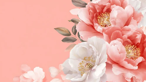 Pink and white peonies with golden stamens on coral background