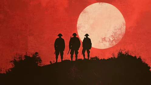 Silhouetted soldiers stand against a large pale circular sun