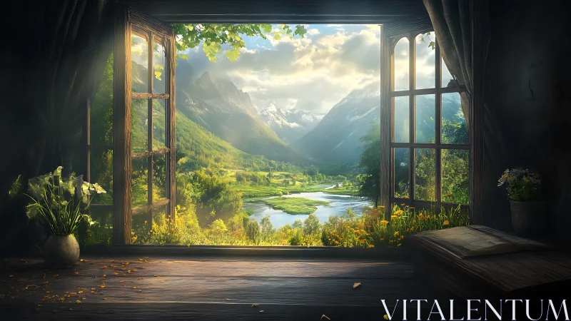 Open wooden window overlooks sunlit river valley landscape