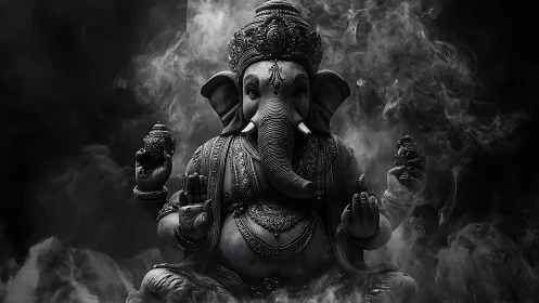 Ganesha statue sits centered in dense swirling smoke field