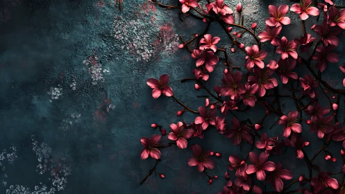 Digital rendering of clustered magenta flowers with dynamic lighting on weathered dark surface