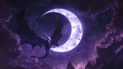 Void dragon eclipses crescent moon in violet storm sky.