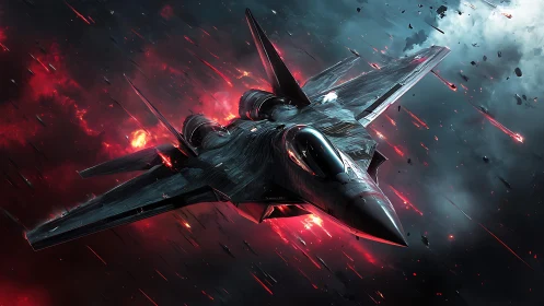 Stealth starfighter cuts through crimson nebula crossfire.