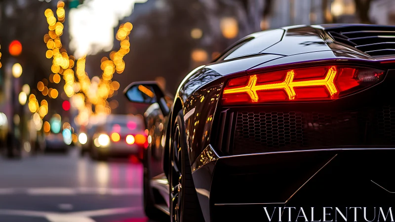 Rear view of black sports car in evening city traffic scene.