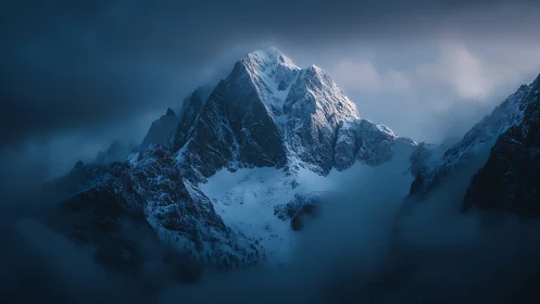 Snow covered mountain peak emerging through low clouds.
