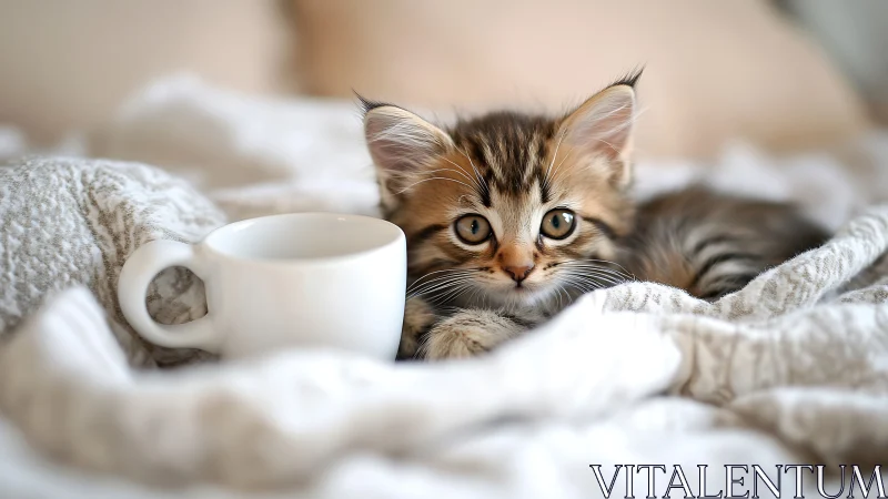 Tabby Kitten with Coffee Cup in Cozy Nest.