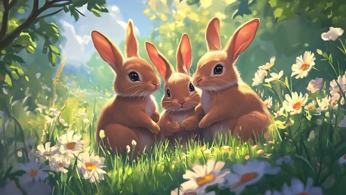 Sunlit bunny friends share a peaceful morning in wildflowers