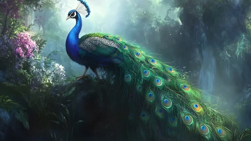 Majestic peacock in lush forest, fantasy digital art style.