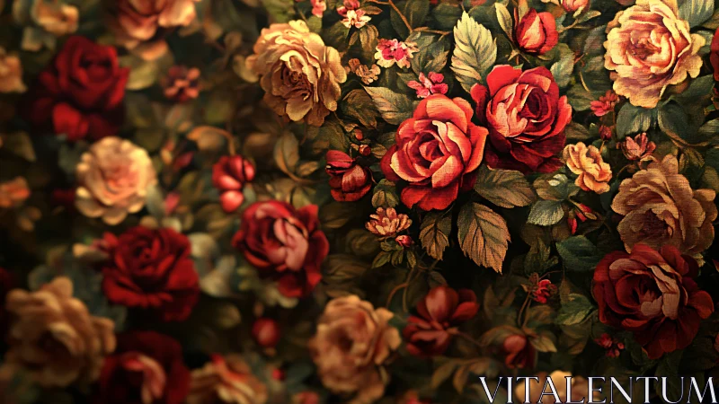 Floral textile pattern with red and cream roses