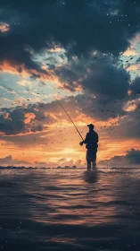Lone angler silhouettes against blazing sunset sky.