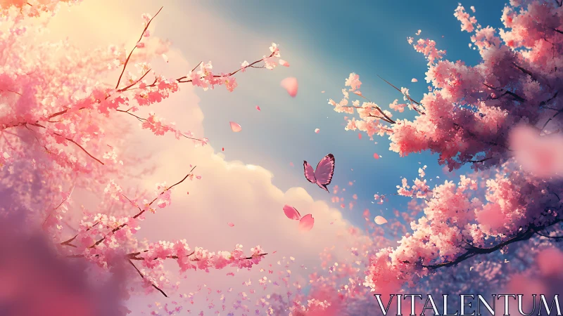 Butterfly drifts through glowing cherry blossom petals in spring.
