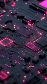 Neon illuminated circuit board with central processor detail.