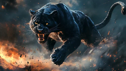 Black Panther Charging Through Inferno with Golden Eyes. Digital Rendering.