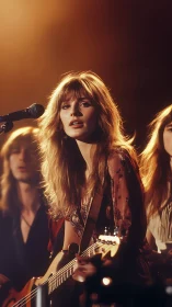 Female guitarist at microphone under warm stage lighting.