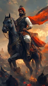 Warrior king on armored horse leading fiery battlefield charge.