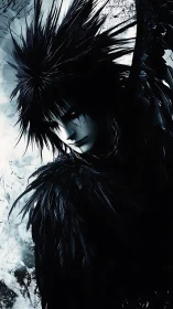 Brooding dark angel with raven feathers in icy contrast.